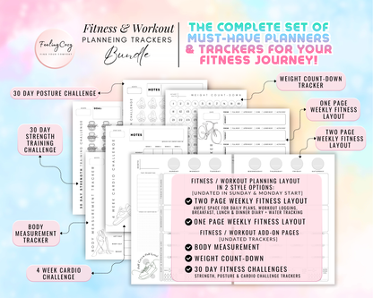 Fitness and workout planning tracker bundle for Happy Planners. Includes 30-day posture and strength training challenges, body measurement trackers, 4-week cardio challenges, and one-page or two-page weekly fitness layouts with Sunday and Monday start options.