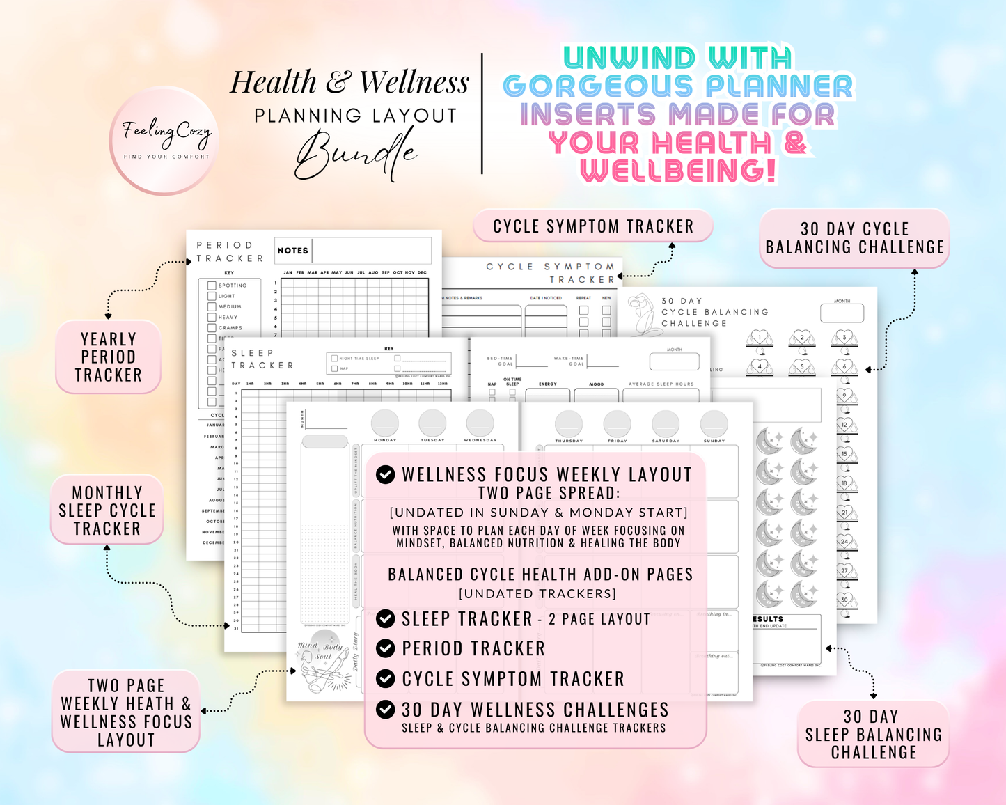 Health and Wellness planning layout bundle for Happy Planners. Features a yearly period tracker, monthly sleep cycle tracker, and wellness focus weekly layouts. Includes 30-day cycle balancing and sleep challenges with Sunday and Monday start options in minimalist black and white.