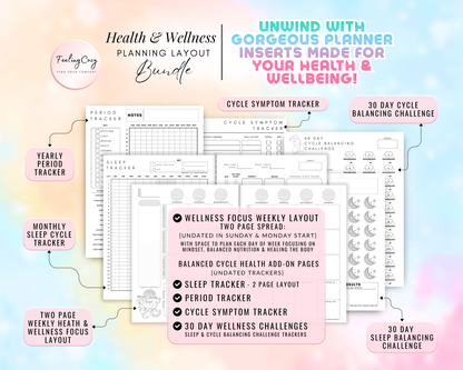 Health and Wellness planning layout bundle for Happy Planners. Features a yearly period tracker, monthly sleep cycle tracker, and wellness focus weekly layouts. Includes 30-day cycle balancing and sleep challenges with Sunday and Monday start options in minimalist black and white.