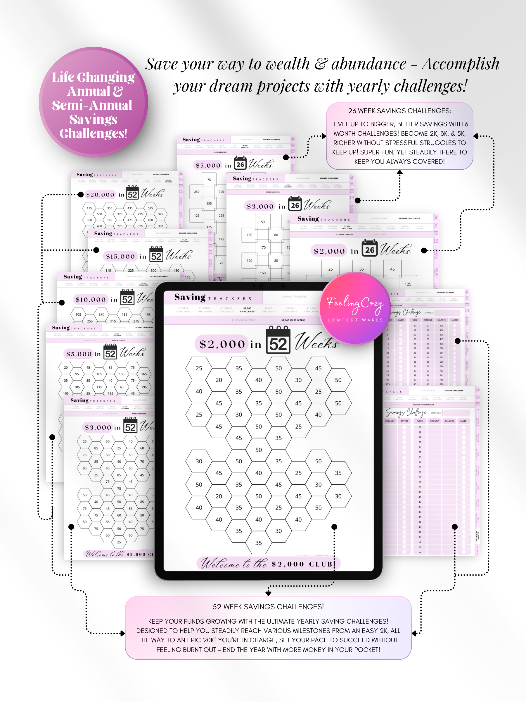 Purple aesthetic 52-week savings challenge tracker for iPad — hexagon-style coloring trackers for goals from $2,000 to $20,000 with 26-week and 52-week formats for Goodnotes and Notability by Feeling Cozy