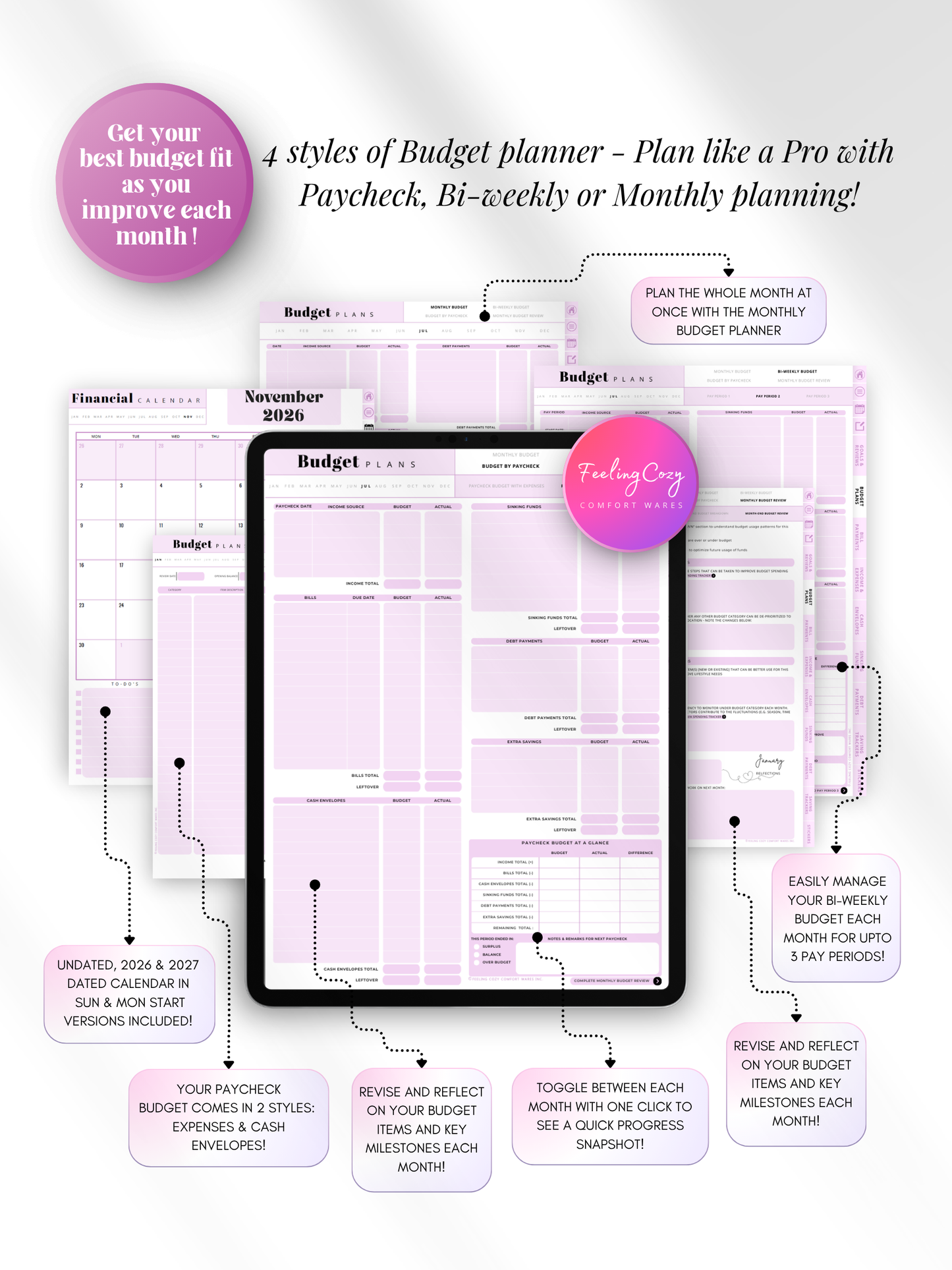Aesthetic purple digital budget planner with 4 budgeting styles — paycheck, bi-weekly, and monthly planning layouts for iPad, Goodnotes, and Notability. Includes 2026 and 2027 dated calendars by Feeling Cozy