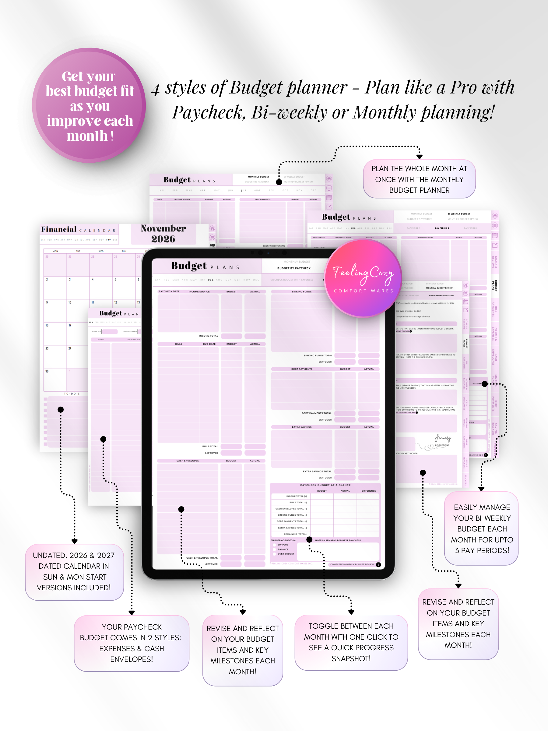 Aesthetic purple digital budget planner with 4 budgeting styles — paycheck, bi-weekly, and monthly planning layouts for iPad, Goodnotes, and Notability. Includes 2026 and 2027 dated calendars by Feeling Cozy