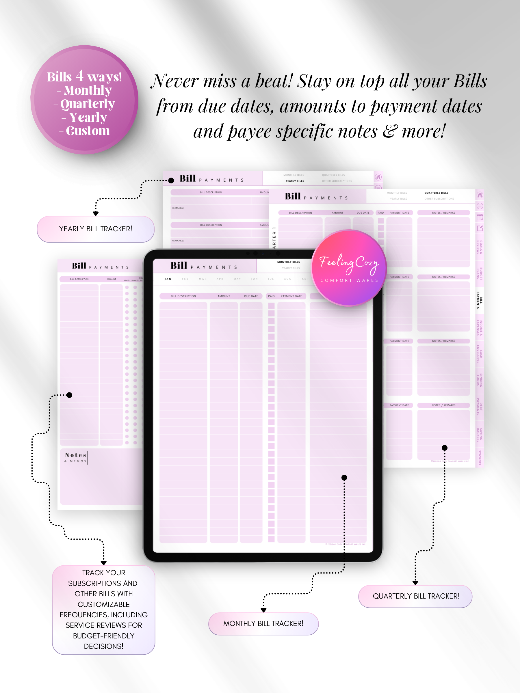 Purple aesthetic digital bill payment tracker for iPad — monthly, quarterly, yearly and custom bill trackers with due date logs, subscription management, and payee notes for Goodnotes by Feeling Cozy