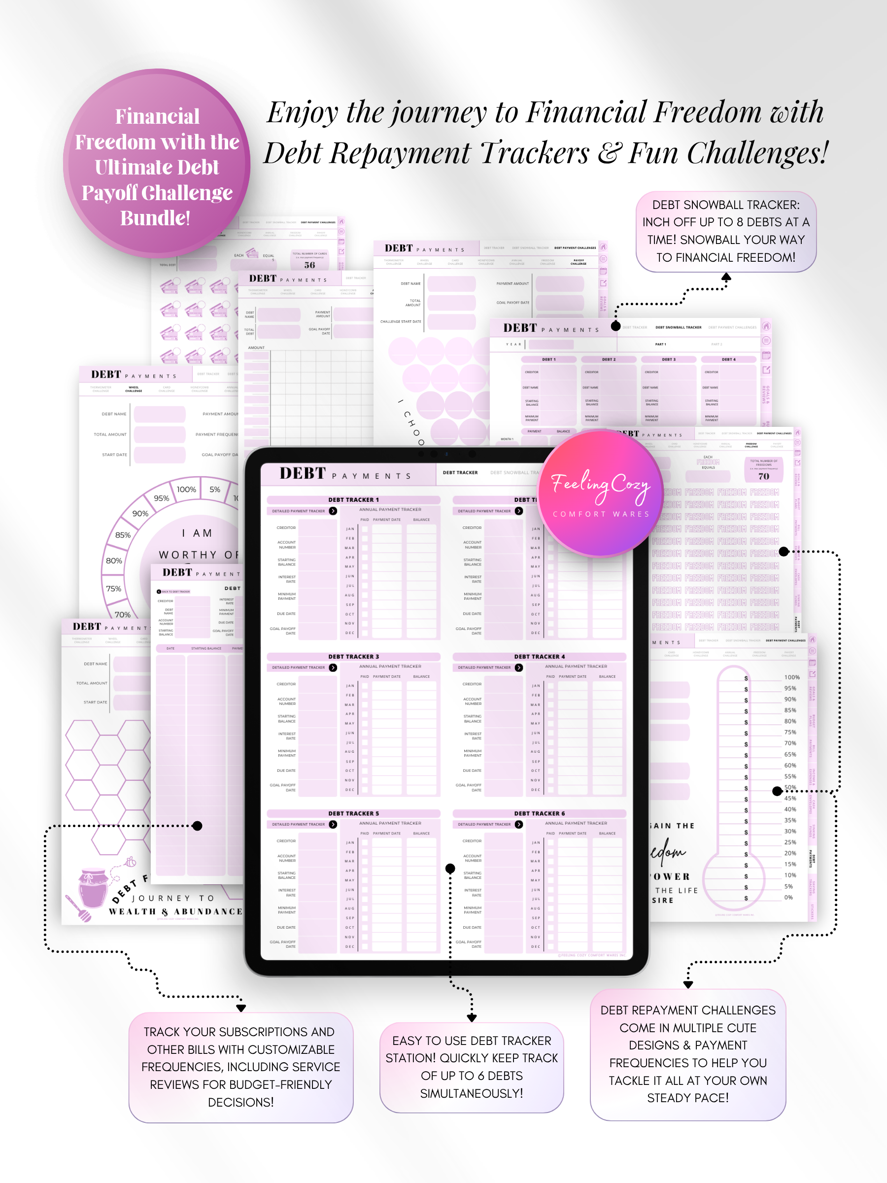 Aesthetic purple digital debt payoff challenge bundle for iPad — debt snowball tracker for up to 8 debts, 6-debt tracking station, progress thermometers, and motivational affirmations for Goodnotes and Notability by Feeling Cozy