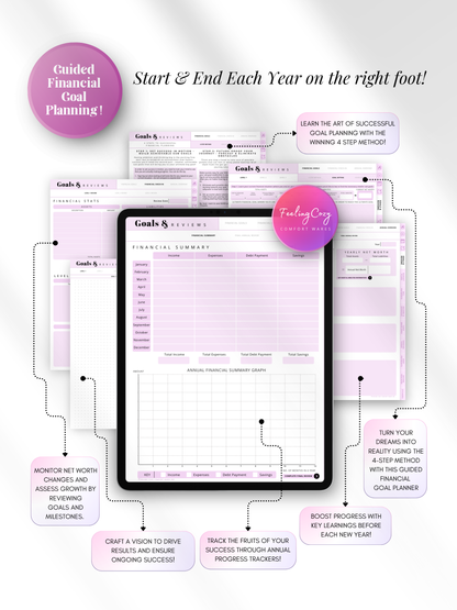 Purple digital financial goal planner for iPad — 4-step method goals workbook, annual progress tracker, and net worth review pages for Goodnotes and Notability by Feeling Cozy