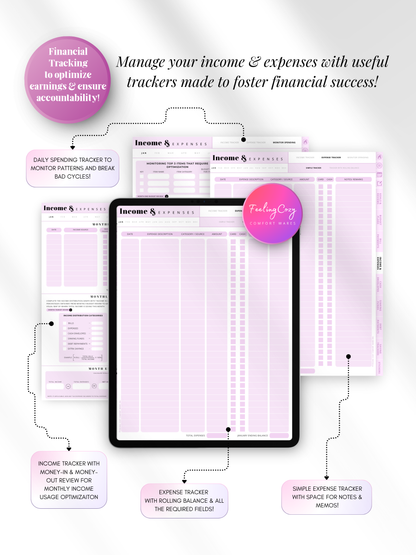 Purple aesthetic digital income and expense tracker for iPad — daily spending log, rolling balance expense tracker, and monthly income review for Goodnotes and Notability by Feeling Cozy