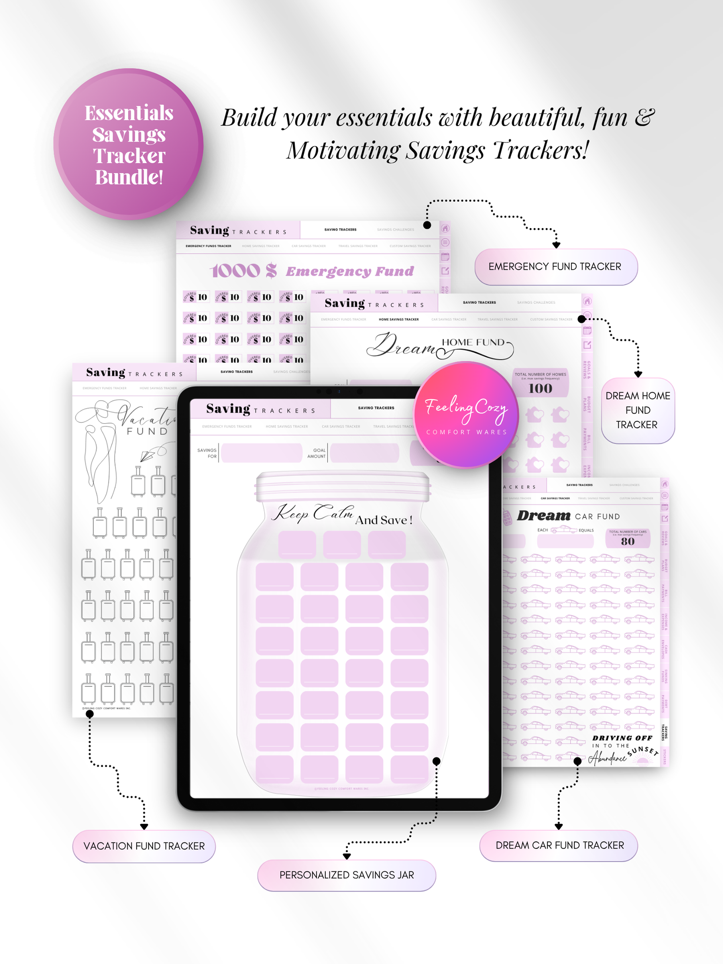 Purple aesthetic digital savings tracker bundle for iPad — personalized savings jar, emergency fund tracker, vacation fund, dream home and dream car fund trackers for Goodnotes and Notability by Feeling Cozy