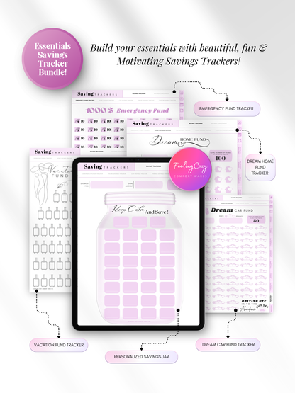 Purple aesthetic digital savings tracker bundle for iPad — personalized savings jar, emergency fund tracker, vacation fund, dream home and dream car fund trackers for Goodnotes and Notability by Feeling Cozy