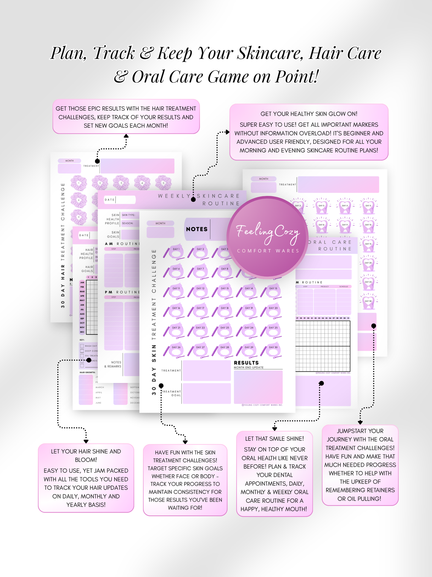 Purple aesthetic Glow-Up Planner beauty journal pages, skincare, hair care and oral care routine tracker, printable PDF by Feeling Cozy