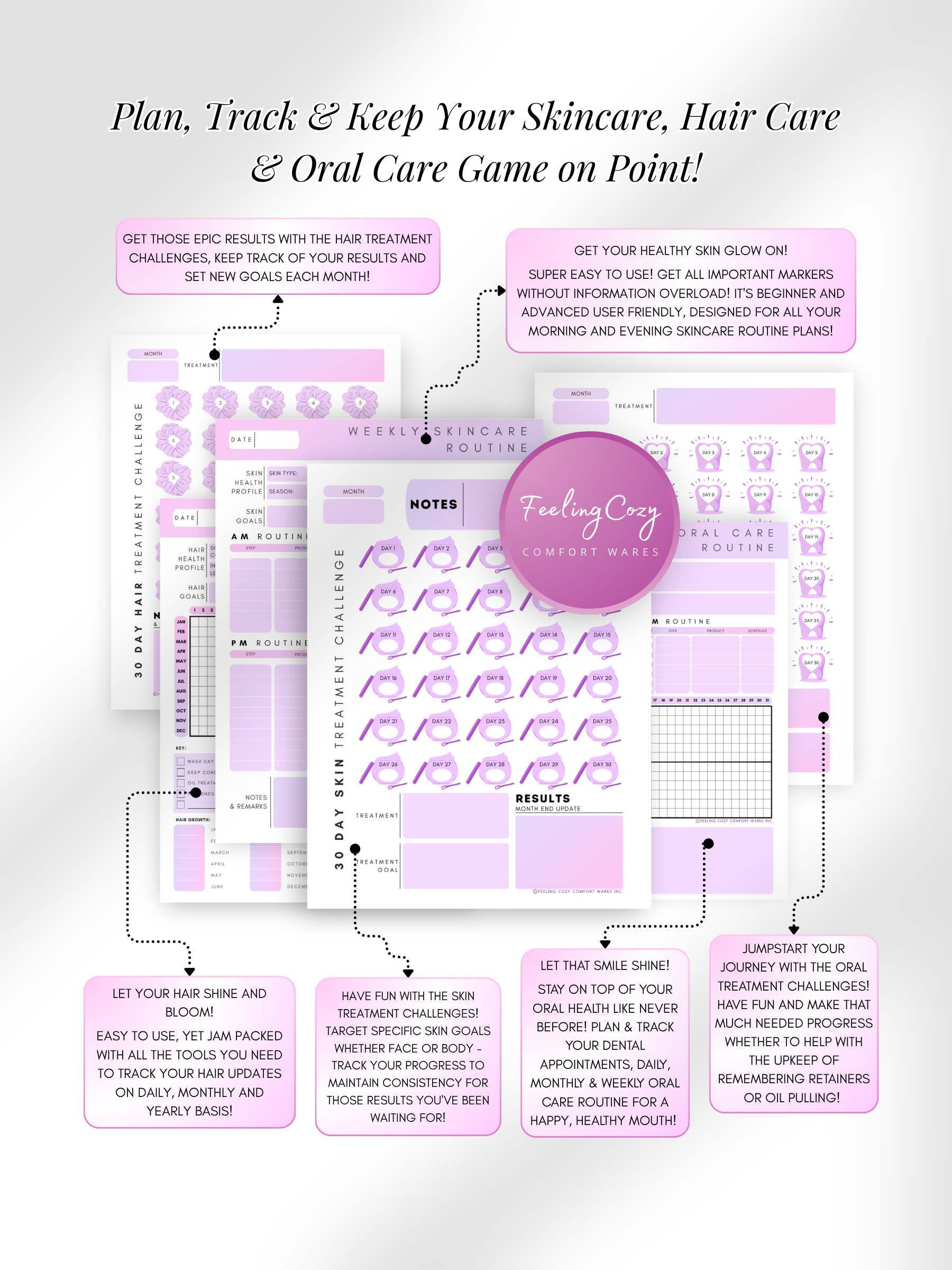 Purple aesthetic Glow-Up Planner beauty journal pages, skincare, hair care and oral care routine tracker, printable PDF by Feeling Cozy