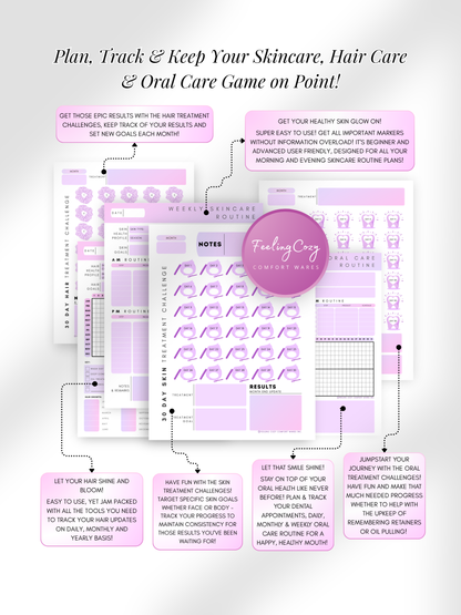 Purple aesthetic Glow-Up Planner beauty journal pages, skincare, hair care and oral care routine tracker, printable PDF by Feeling Cozy