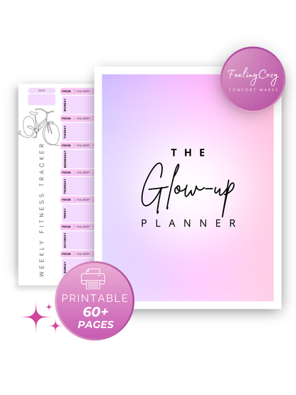 Purple aesthetic Glow-Up Planner cover, printable PDF, 60+ pages fitness diet skincare mindset planner by Feeling Cozy