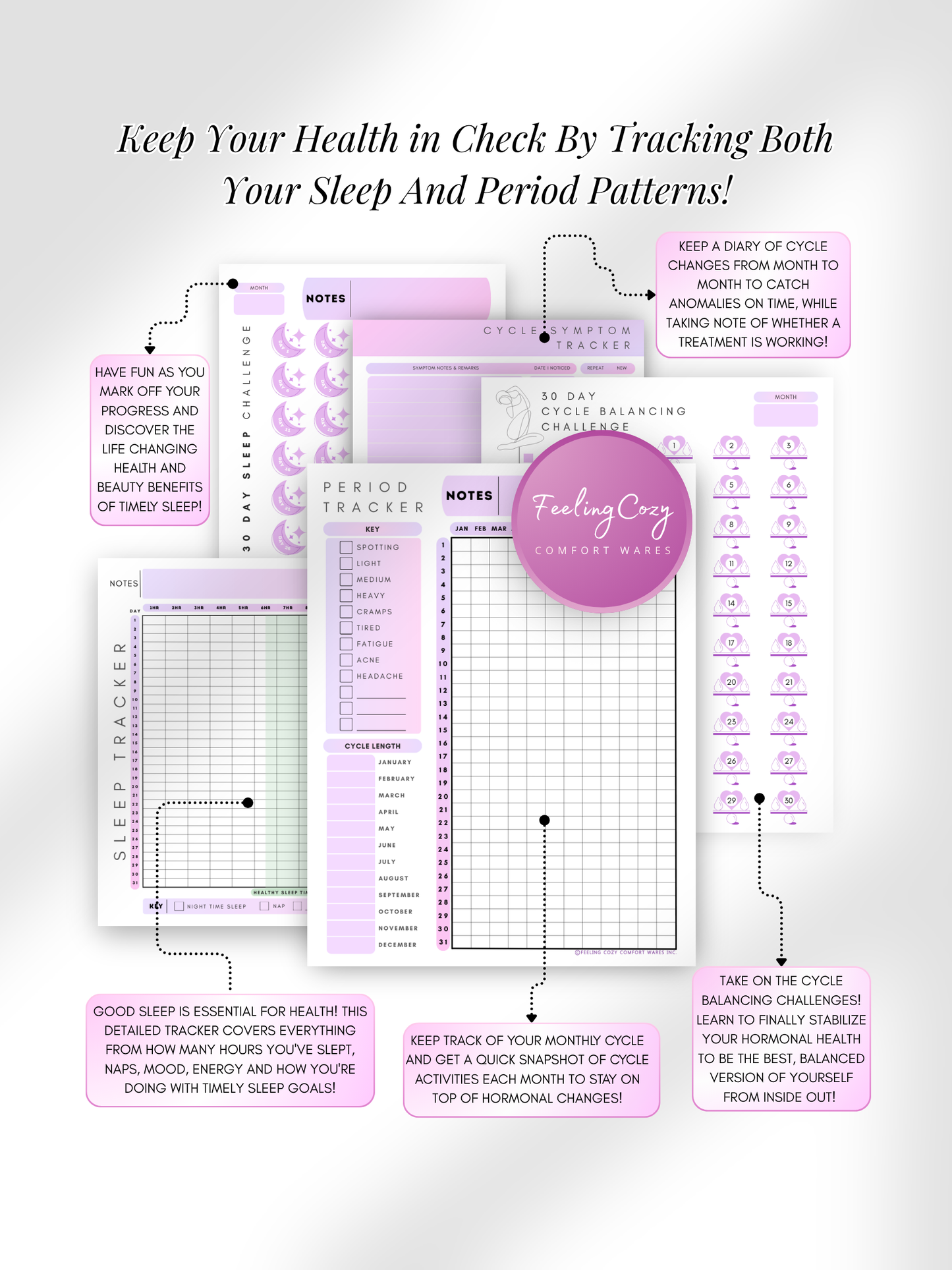Purple aesthetic Glow-Up Planner cycle and sleep health pages, period tracker and sleep tracker, printable PDF by Feeling Cozy