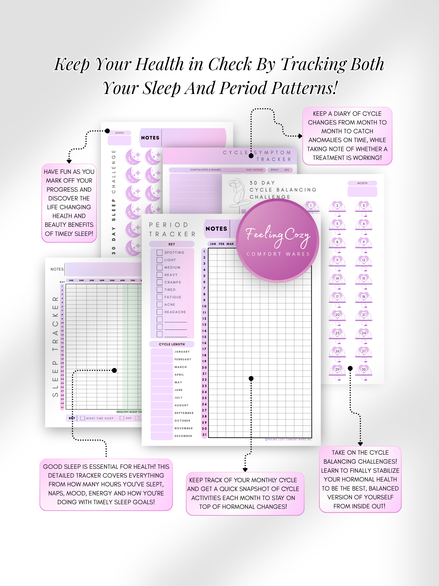 Purple aesthetic Glow-Up Planner cycle and sleep health pages, period tracker and sleep tracker, printable PDF by Feeling Cozy