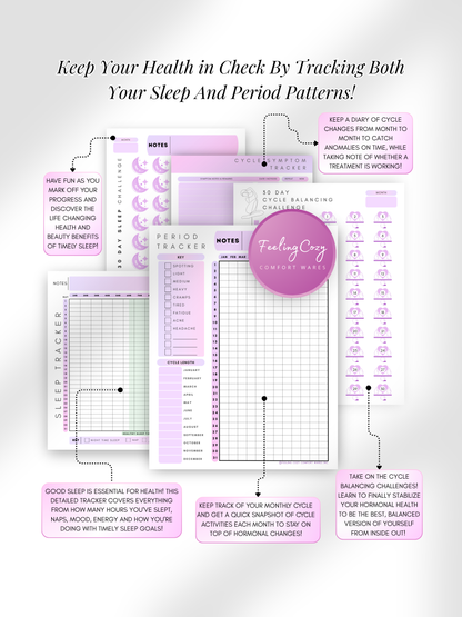 Purple aesthetic Glow-Up Planner cycle and sleep health pages, period tracker and sleep tracker, printable PDF by Feeling Cozy
