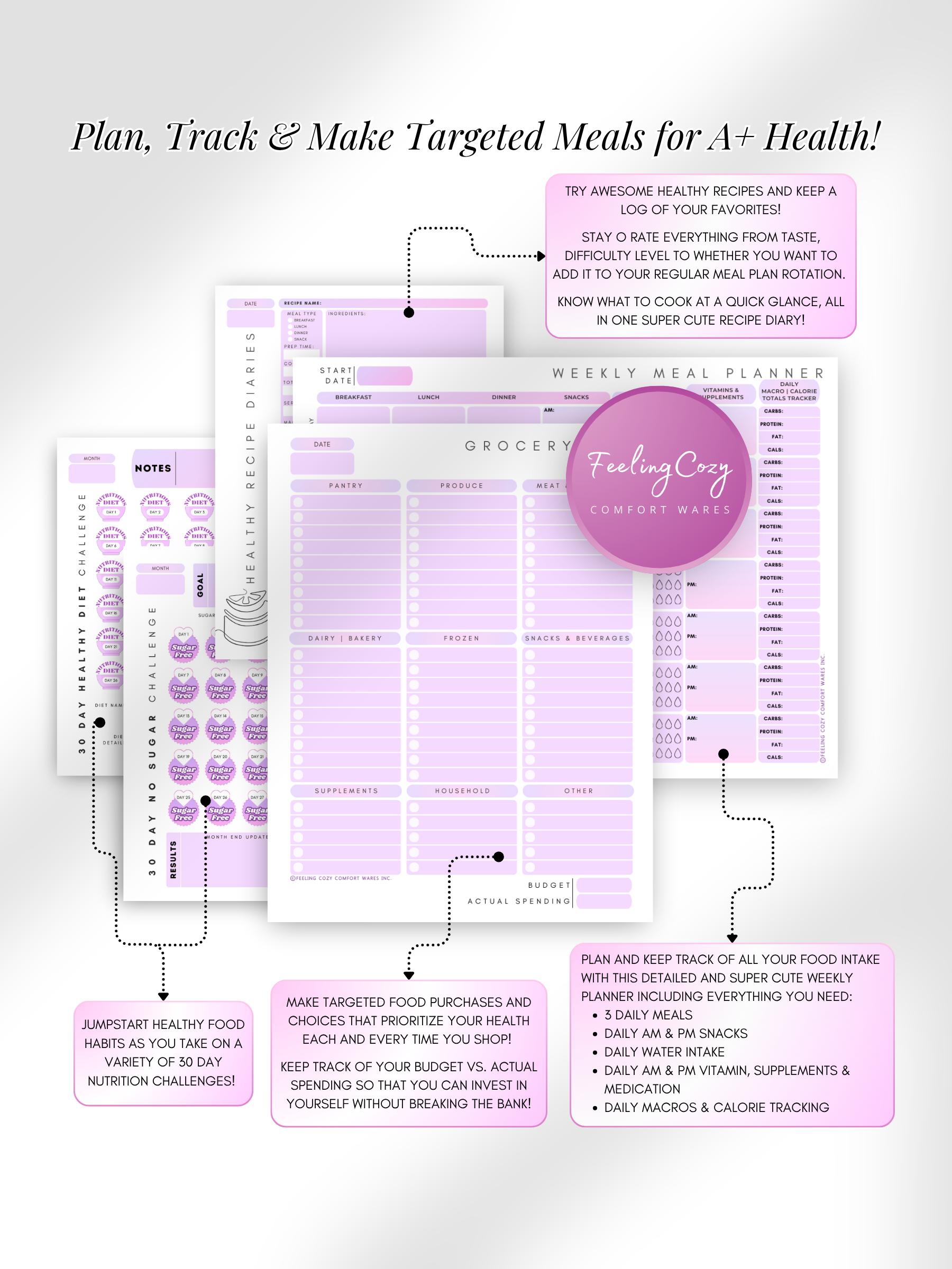 Purple aesthetic Glow-Up Planner diet journal pages, weekly meal planner and grocery list tracker, printable PDF by Feeling Cozy