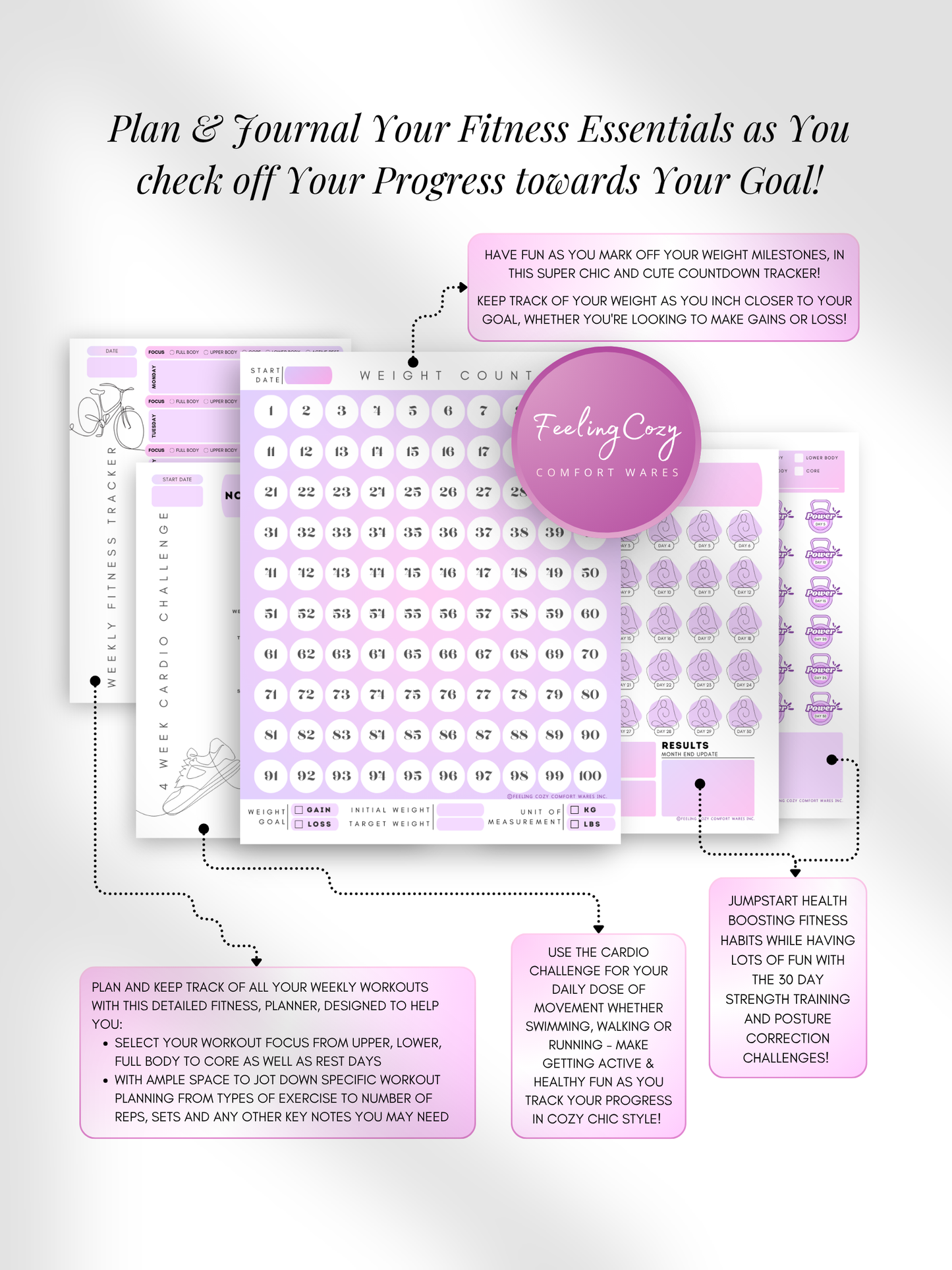 Purple aesthetic Glow-Up Planner fitness journal pages, weight countdown tracker and 4 week cardio challenge, printable PDF by Feeling Cozy