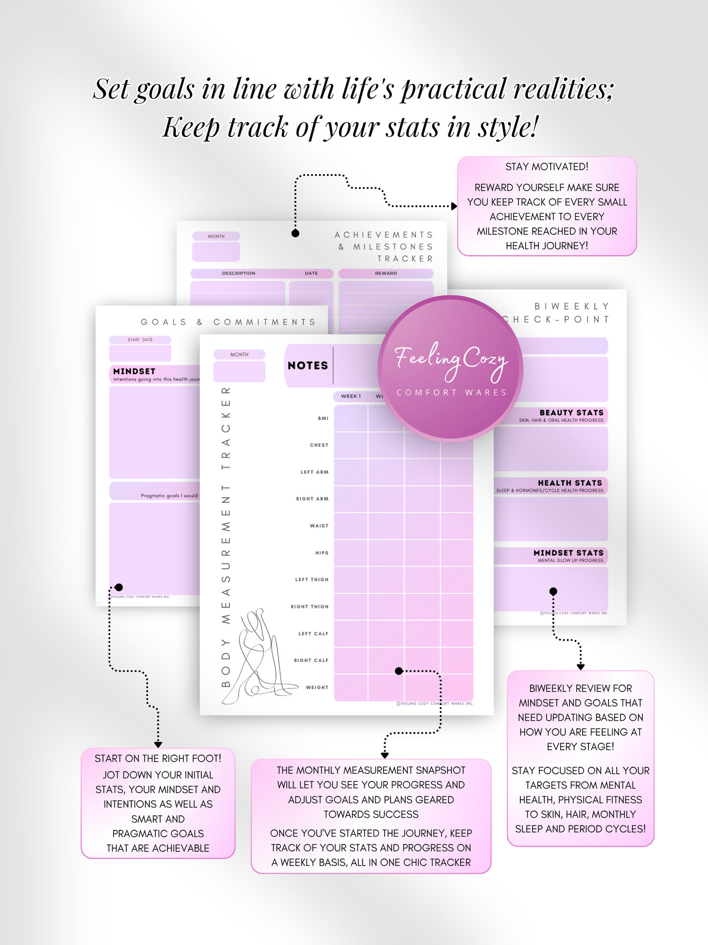 Purple aesthetic Glow-Up Planner goal setting pages, body measurement tracker and achievements milestone tracker, printable PDF by Feeling Cozy