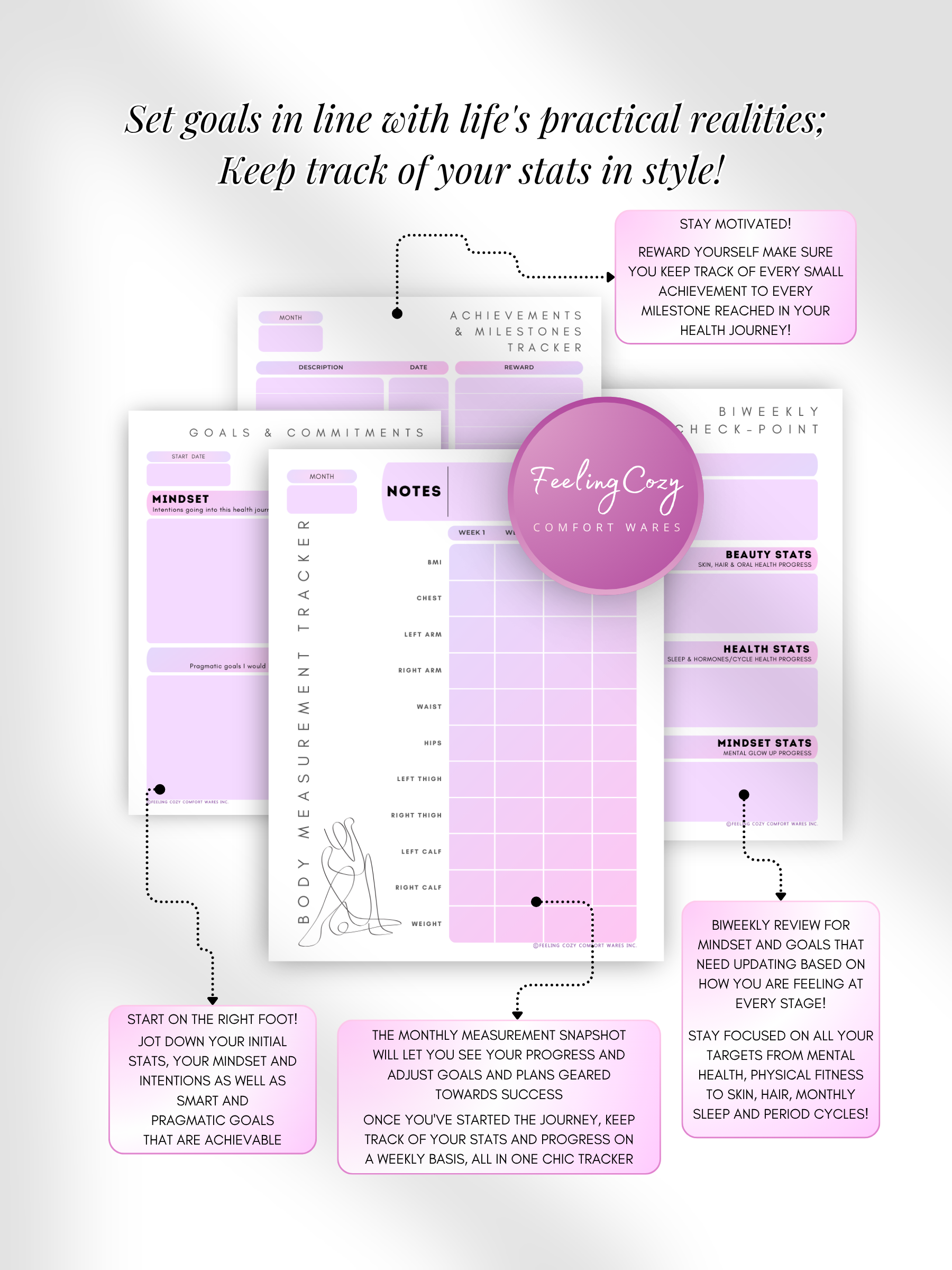 Purple aesthetic Glow-Up Planner goal setting pages, body measurement tracker and achievements milestone tracker, printable PDF by Feeling Cozy