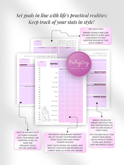 Purple aesthetic Glow-Up Planner goal setting pages, body measurement tracker and achievements milestone tracker, printable PDF by Feeling Cozy