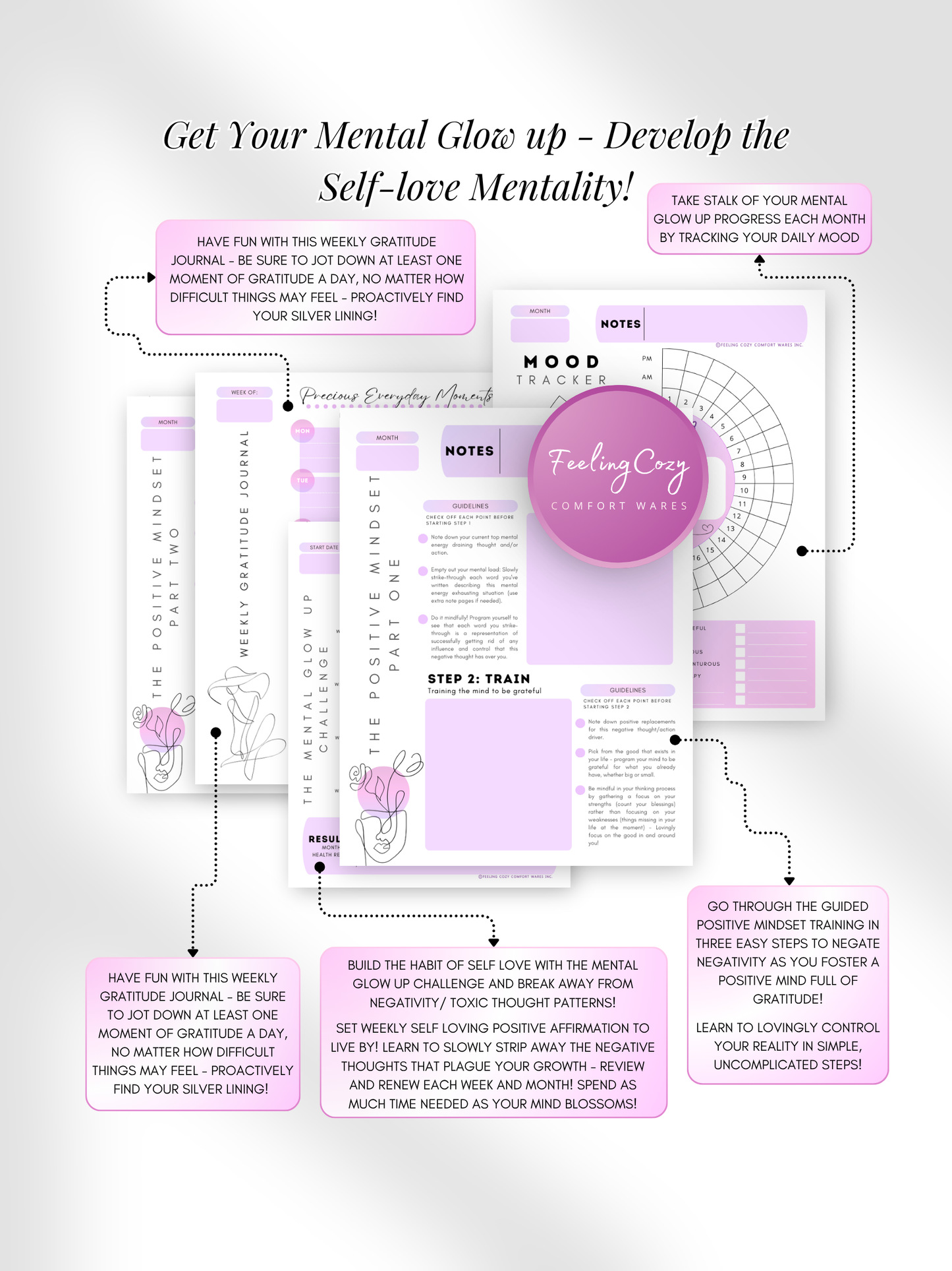 Purple aesthetic Glow-Up Planner positive mindset pages, gratitude journal and mental glow-up checklist, printable PDF by Feeling Cozy