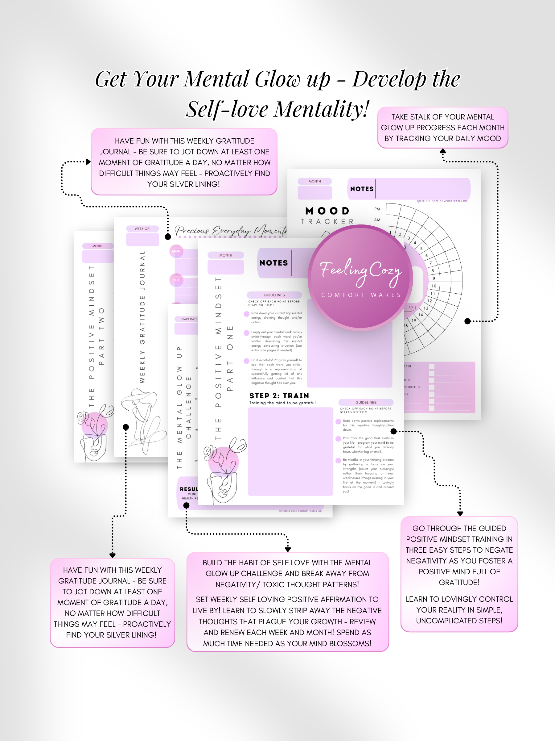 Purple aesthetic Glow-Up Planner positive mindset pages, gratitude journal and mental glow-up checklist, printable PDF by Feeling Cozy