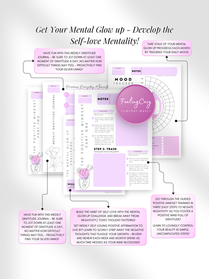 Purple aesthetic Glow-Up Planner positive mindset pages, gratitude journal and mental glow-up checklist, printable PDF by Feeling Cozy