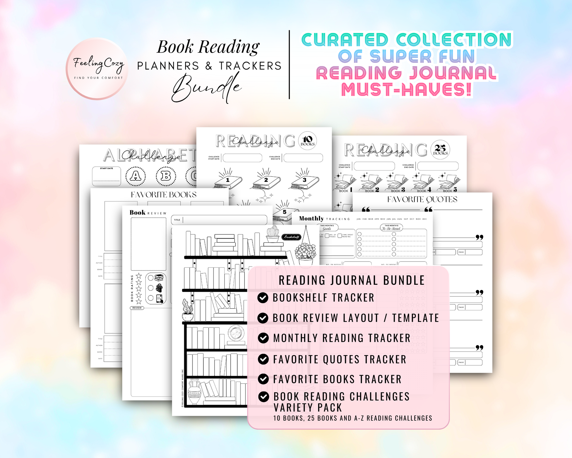 Book reading planners and trackers bundle for Happy Planners. Includes a printable bookshelf tracker, book review templates, favorite quotes logs, and a variety pack of reading challenges (10 books, 25 books, and A-Z alphabet challenge) in a minimalist black and white style.