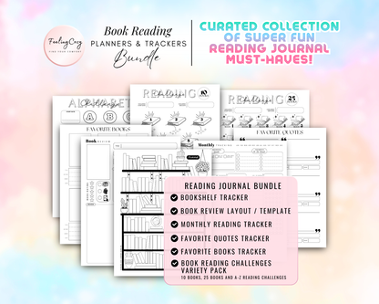 Book reading planners and trackers bundle for Happy Planners. Includes a printable bookshelf tracker, book review templates, favorite quotes logs, and a variety pack of reading challenges (10 books, 25 books, and A-Z alphabet challenge) in a minimalist black and white style.