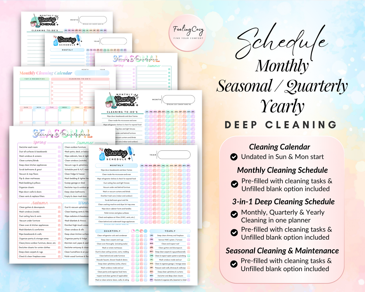 Comprehensive seasonal and quarterly deep cleaning schedule including undated monthly calendars with Sunday and Monday starts; features pre-filled maintenance lists and a 3-in-1 deep cleaning planner for thorough home care.