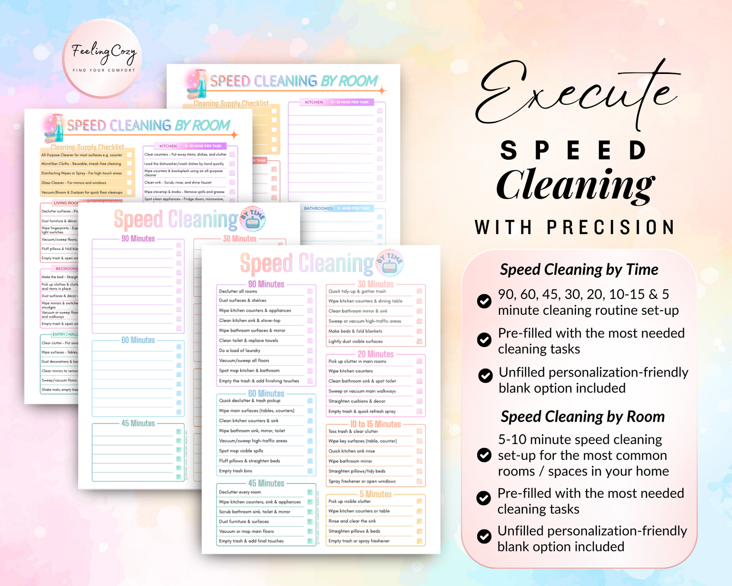 Precision speed cleaning routines ranging from 5 to 90 minutes for ADHD productivity; features pre-filled tasks for room-by-room cleaning and time-based routines to help execute cleaning tasks efficiently.