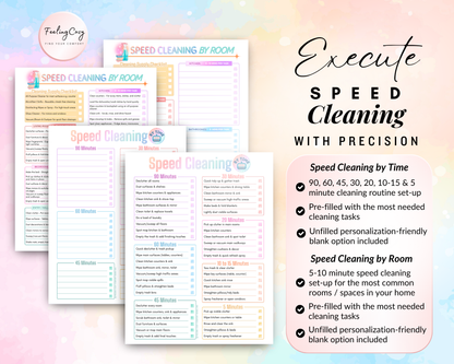 Precision speed cleaning routines ranging from 5 to 90 minutes for ADHD productivity; features pre-filled tasks for room-by-room cleaning and time-based routines to help execute cleaning tasks efficiently.