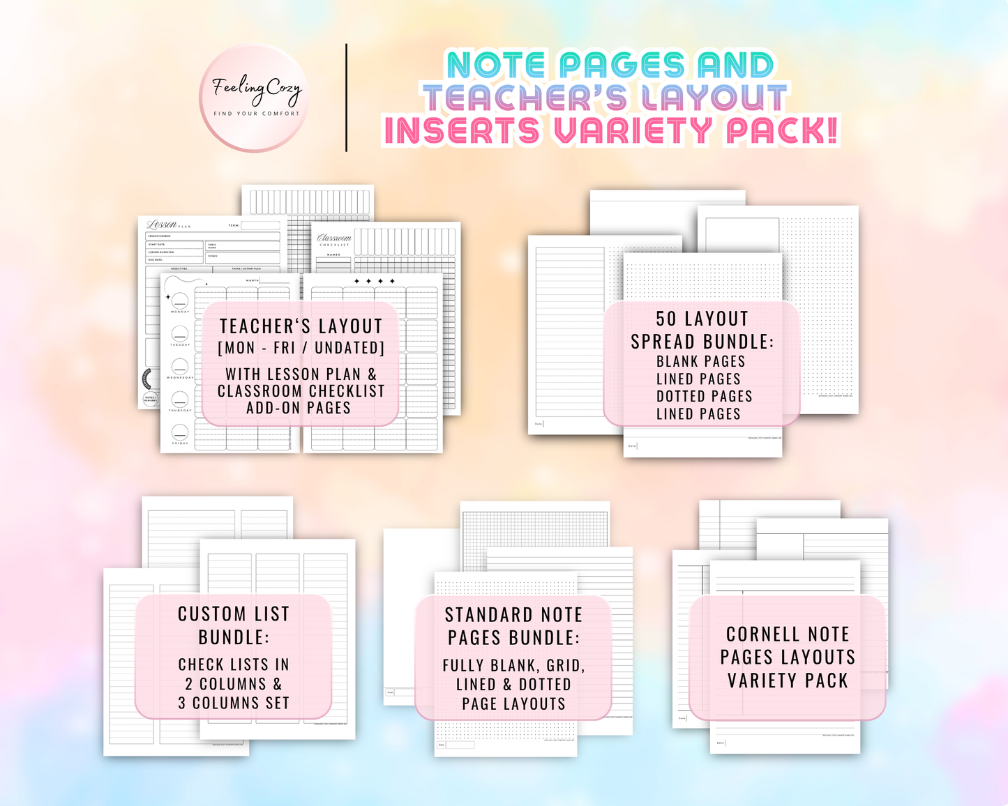 Teacher's layout and note pages variety pack for Happy Planners. Includes undated Monday to Friday lesson plans, classroom checklists, Cornell note layouts, and a 50-spread bundle of blank, lined, grid, and dotted pages in minimalist black and white.