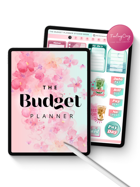 Ombre Digital Budget Planner on iPad Pro with Apple Pencil, featuring a soft pink aesthetic financial tracker for Goodnotes and Notability.