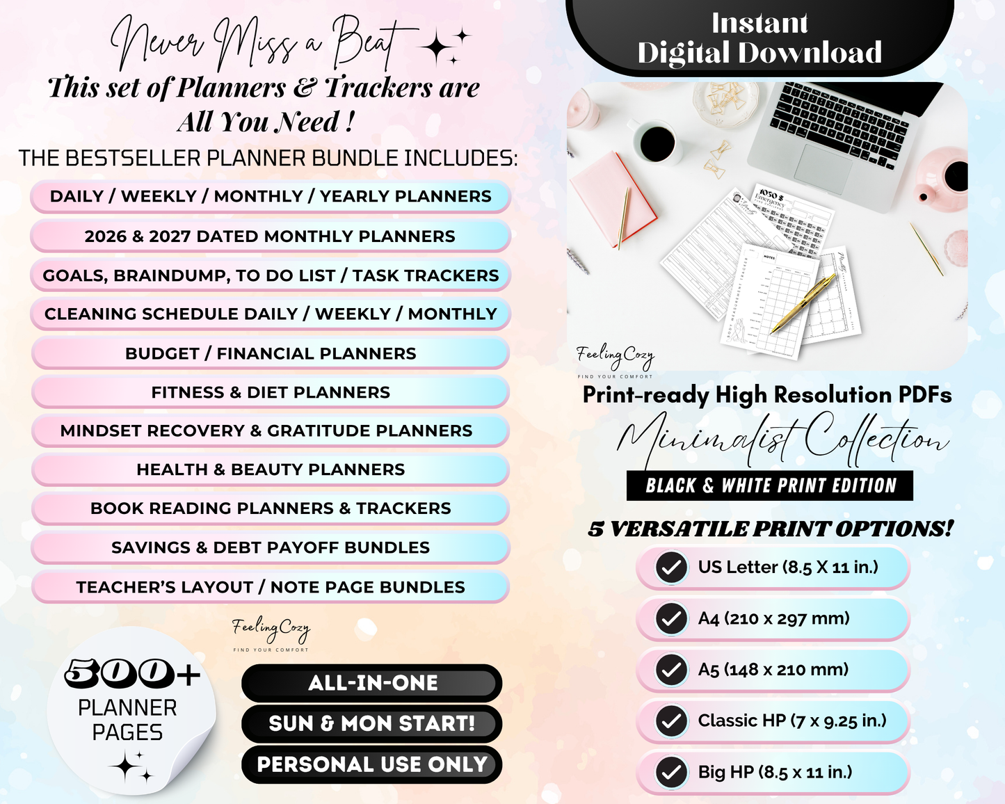 Ultimate Happy Planner Template Bundle in minimalist black and white featuring 500 plus printable pages including 2026 and 2027 dated monthly calendars, budget trackers, fitness planners, and teacher layouts. Digital download available in US Letter, A4, A5, Classic Happy Planner, and Big Happy Planner sizes with Sunday and Monday start options.