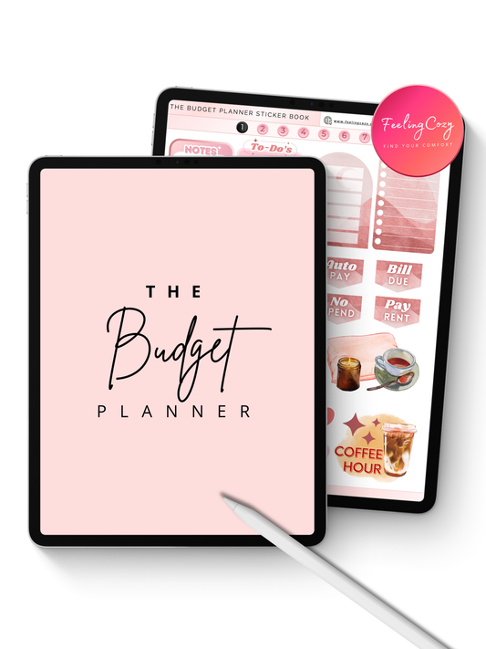 Aesthetic pink digital budget planner for iPad and Samsung — 330-page hyperlinked PDF for GoodNotes, Notability and Noteshelf by Feeling Cozy
