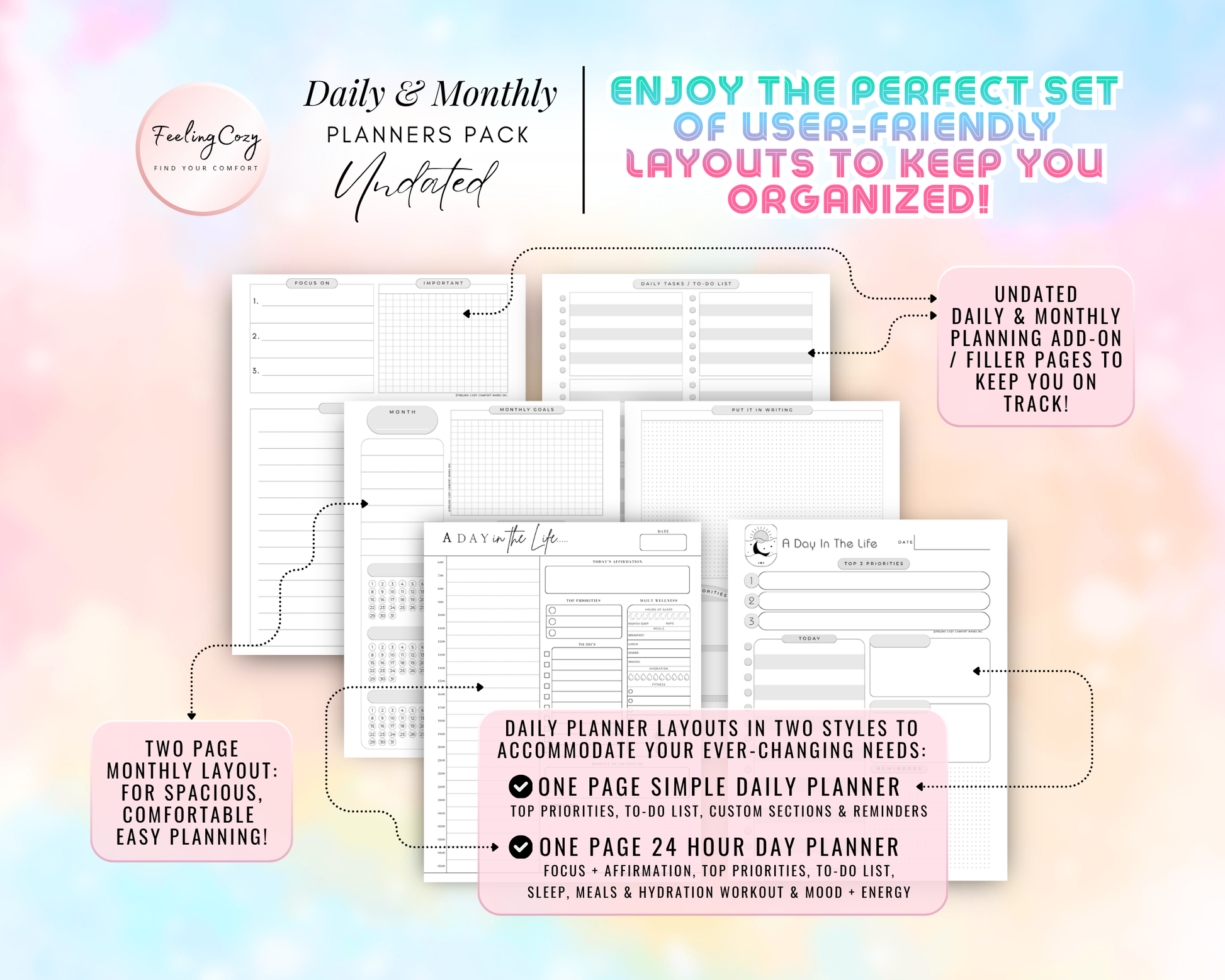 Undated daily and monthly planner pack for Happy Planners. Features two styles of daily layouts: a simple daily planner with top priorities and reminders, and a 24-hour day planner with focus sections for sleep, meals, hydration, and mood. Includes spacious two-page monthly layouts in minimalist black and white.