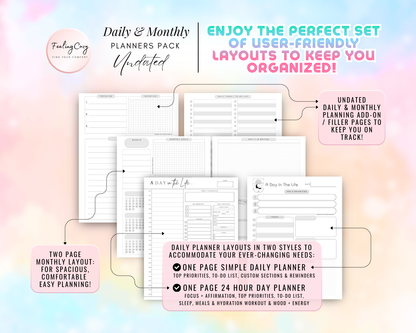 Undated daily and monthly planner pack for Happy Planners. Features two styles of daily layouts: a simple daily planner with top priorities and reminders, and a 24-hour day planner with focus sections for sleep, meals, hydration, and mood. Includes spacious two-page monthly layouts in minimalist black and white.