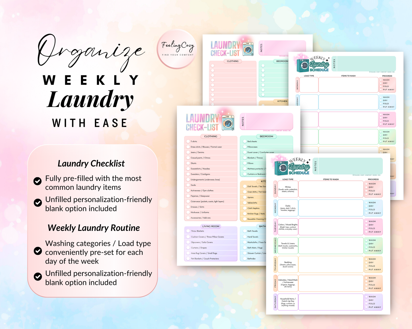 Weekly laundry organization system with a pre-filled laundry checklist of common items and a weekly laundry routine featuring conveniently pre-set washing categories and load types for every day of the week.
