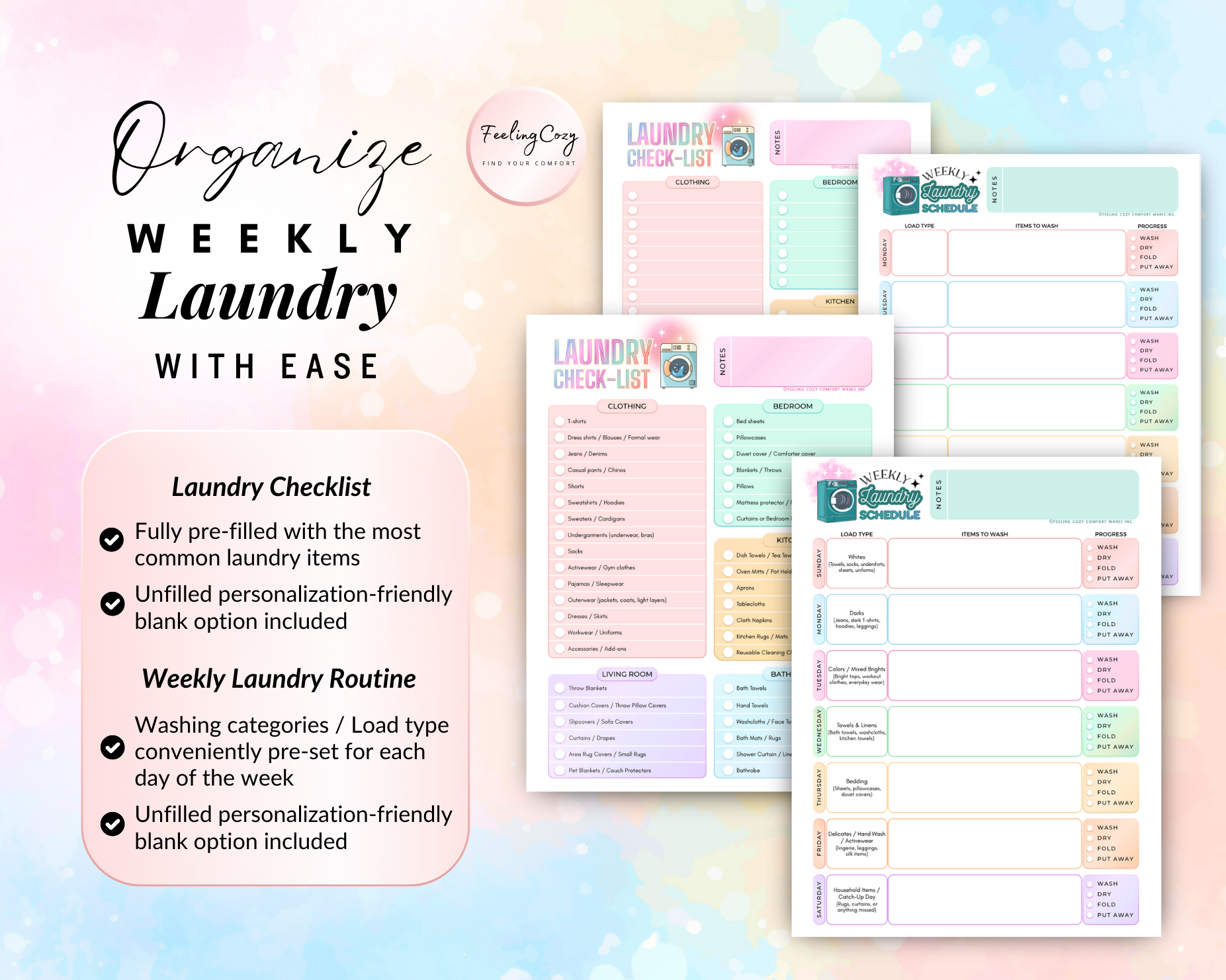 Weekly laundry organization system with a pre-filled laundry checklist of common items and a weekly laundry routine featuring conveniently pre-set washing categories and load types for every day of the week.