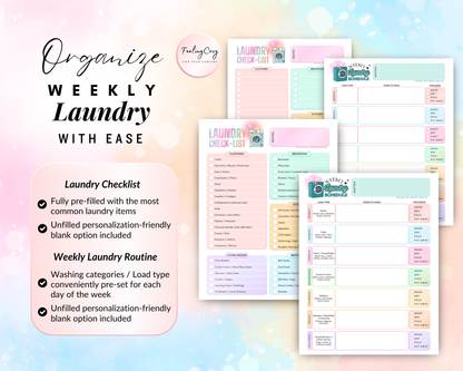 Weekly laundry organization system with a pre-filled laundry checklist of common items and a weekly laundry routine featuring conveniently pre-set washing categories and load types for every day of the week.