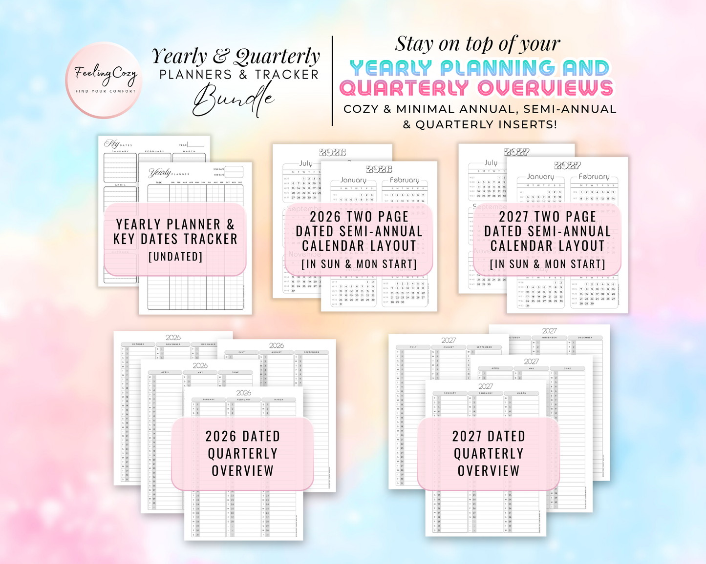 Yearly and Quarterly planners and trackers bundle for Happy Planners. Includes undated yearly planners, key dates trackers, and 2026-2027 dated two-page semi-annual calendar layouts with Sunday and Monday start options. Features dated quarterly overviews for 2026 and 2027 in minimalist black and white.